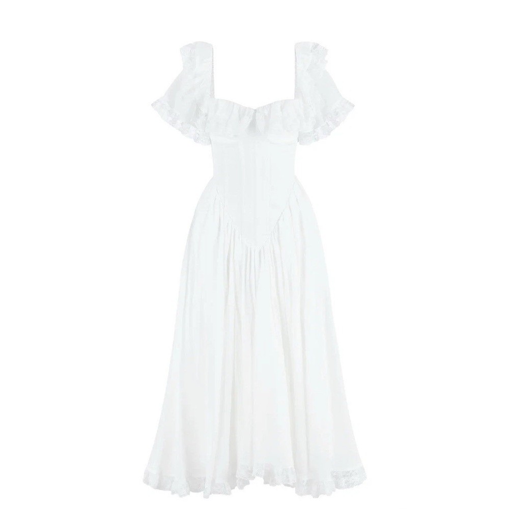 Vintage Midi Wedding Dress Square Neck Ruffle Short Sleeve Boho Lace Bridal Gown
