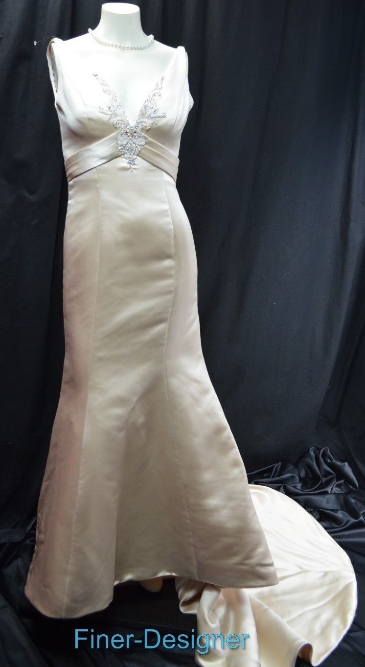 DEMETRIOS BEADED TRUMPET Wedding bridal dress champagne satin sleeveless 10 NEW
