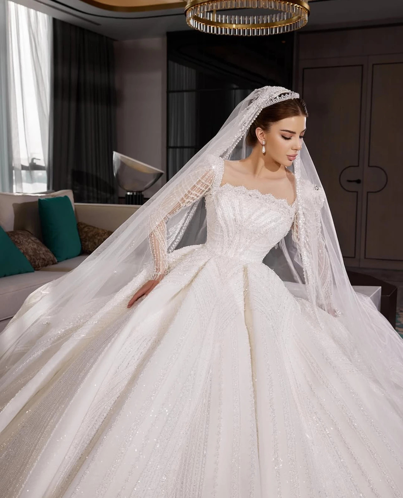 White Beaded Off Shoulder Bridal Gown Long Sleeve Sparkle Tulle Wedding Ballgown
