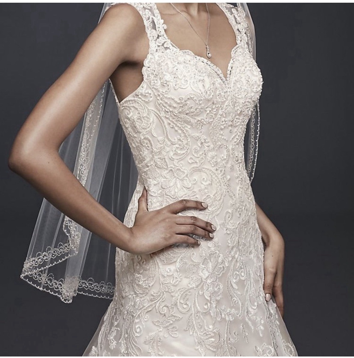 David’s Bridal Petites 12 Ivory/Champagne Lace Sweetheart Cap Sleeve Button