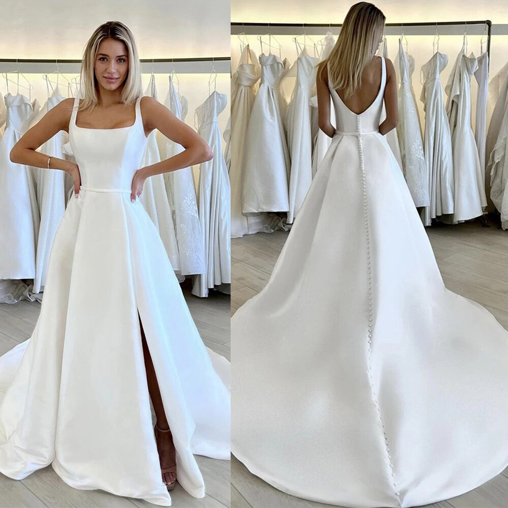 Simple Satin Wedding Dresses with Side Split Square Neck White Ivory Bridal Gown