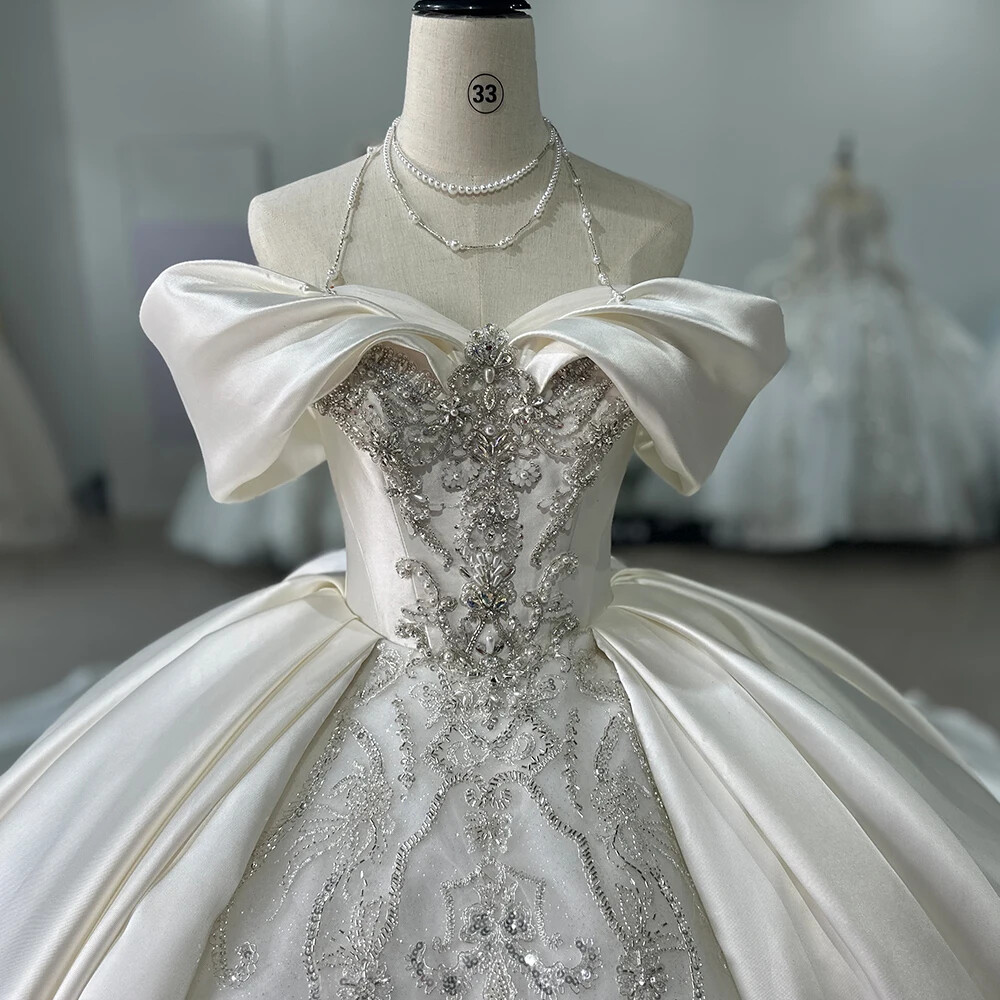 Off Shoulder Satin Beaded Ball Gown Wedding Dress Luxury Bridal Gown With Train