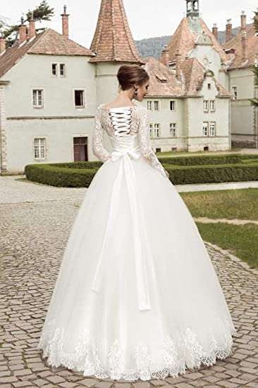 Long Sleeve Ball Gown Wedding Dresses Lace Applique Tulle BridalGown Custom Size