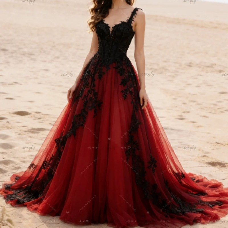 Retro Bohemian Black And Red Gothic Wedding Dress Vampire A Line Tulle