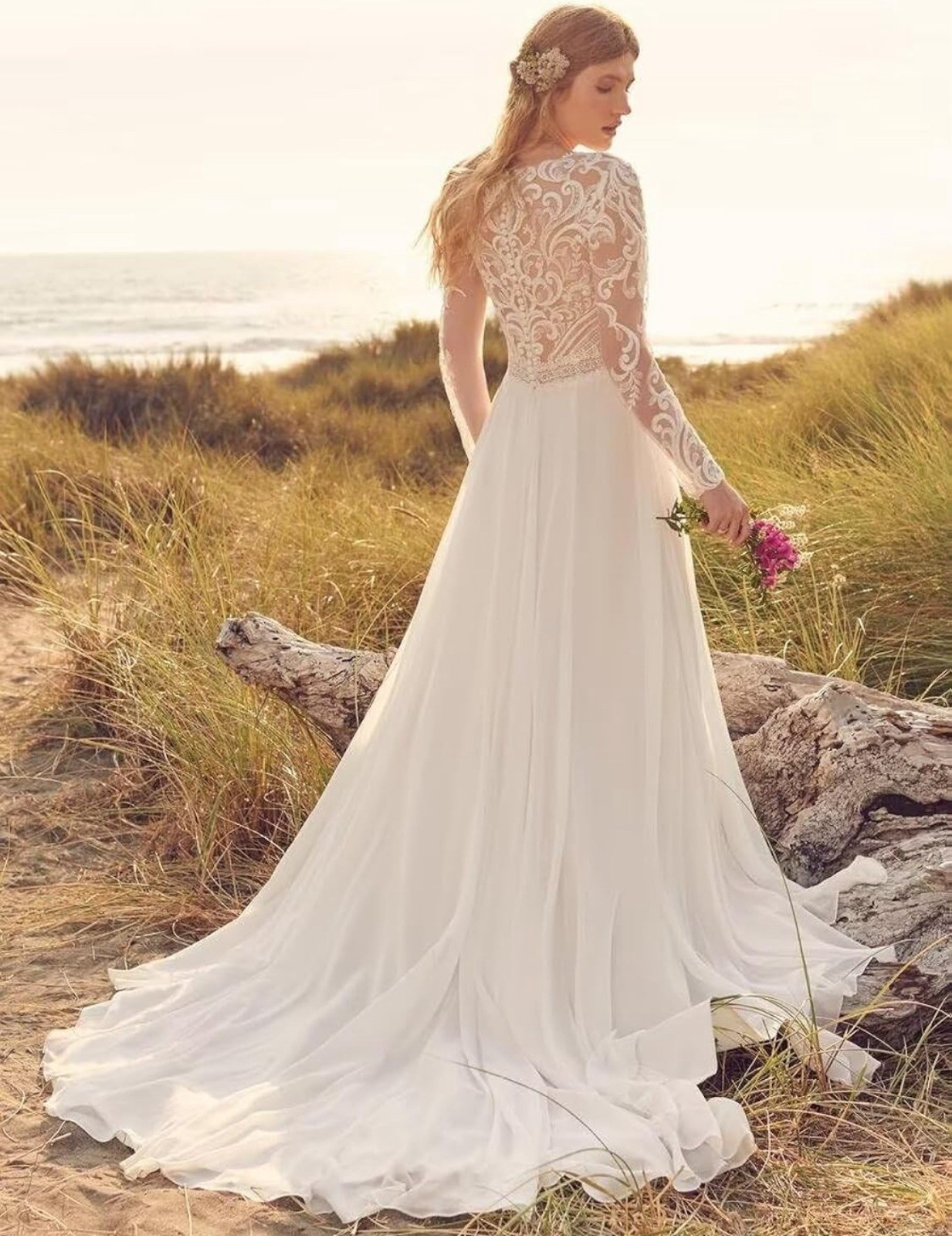 NEW Unbranded Long Sleeve V-Neck White Wedding Dress w/Lace & Illusion size 6