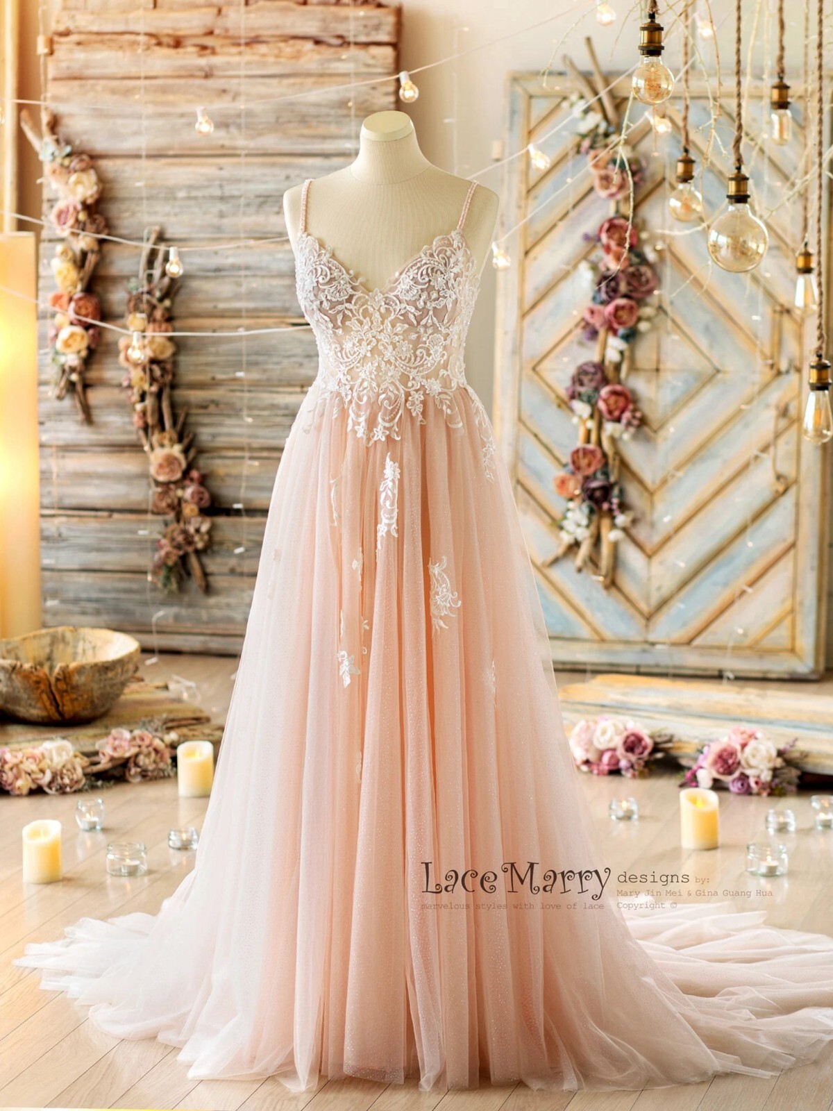 Blush Wedding Dress Beading Glitter Skirt Bridal gown Croo Straps Deep Open Back