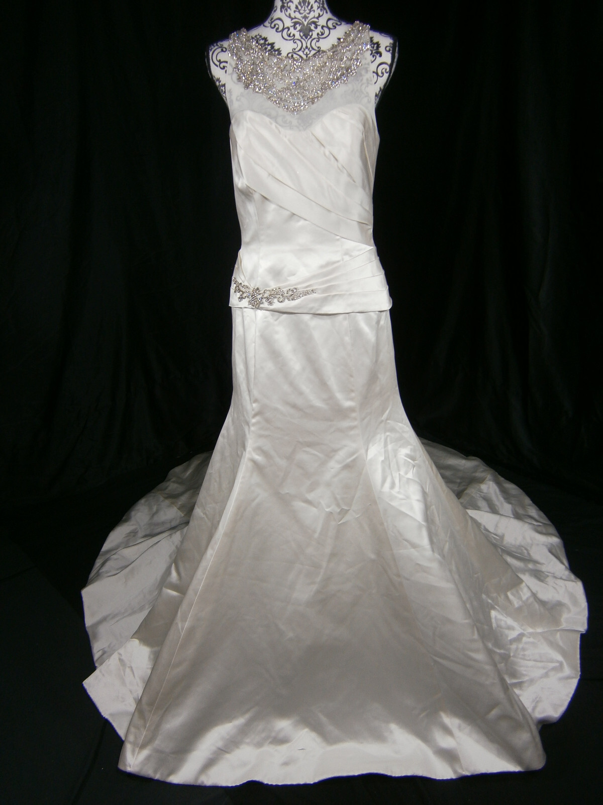 Cristiano Lucci Wedding Dress 6-10 Satin Illusion Crystals Fit & Flare Ruching