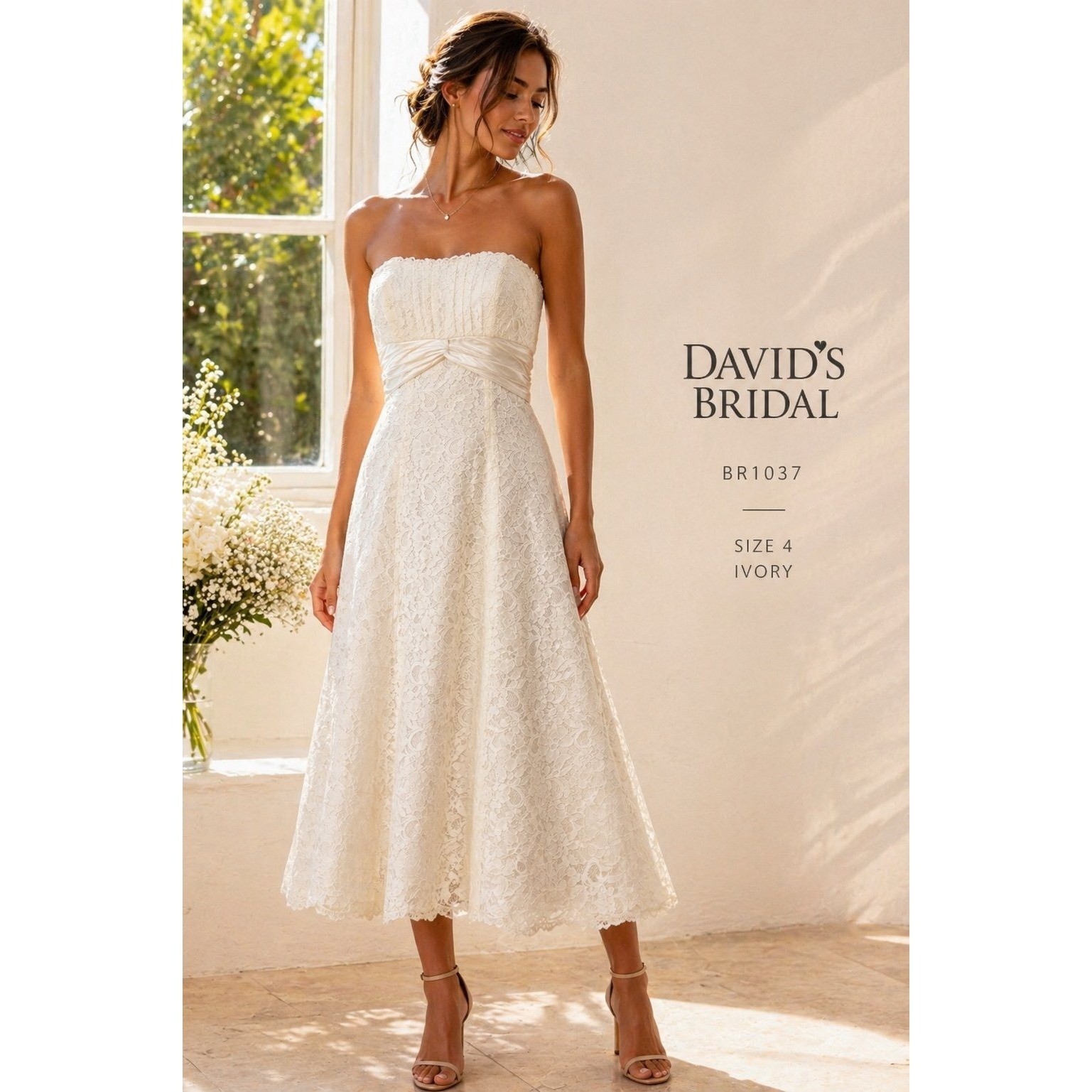 NWT David’s Bridal Ivory Lace Strapless Midi Dress Wedding Size 2