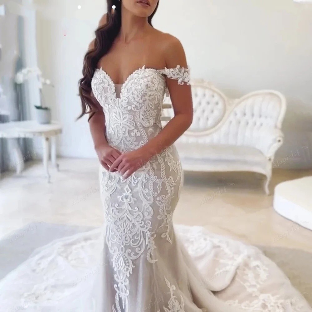 Mermaid Wedding Dresses Off Shloulder Sweep Train Elegant Beach Boho Bridal Gown