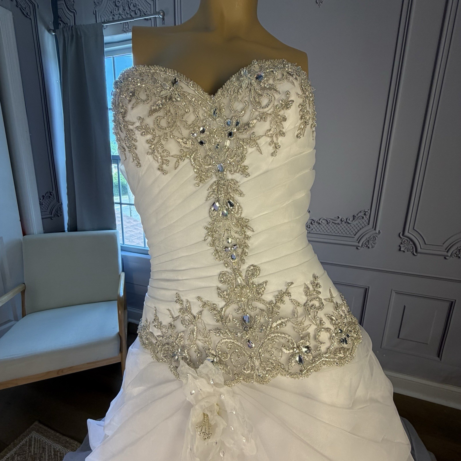 La Joli Mode Strapless White Wedding Gown With Gold Beaded Embellishment Size 10