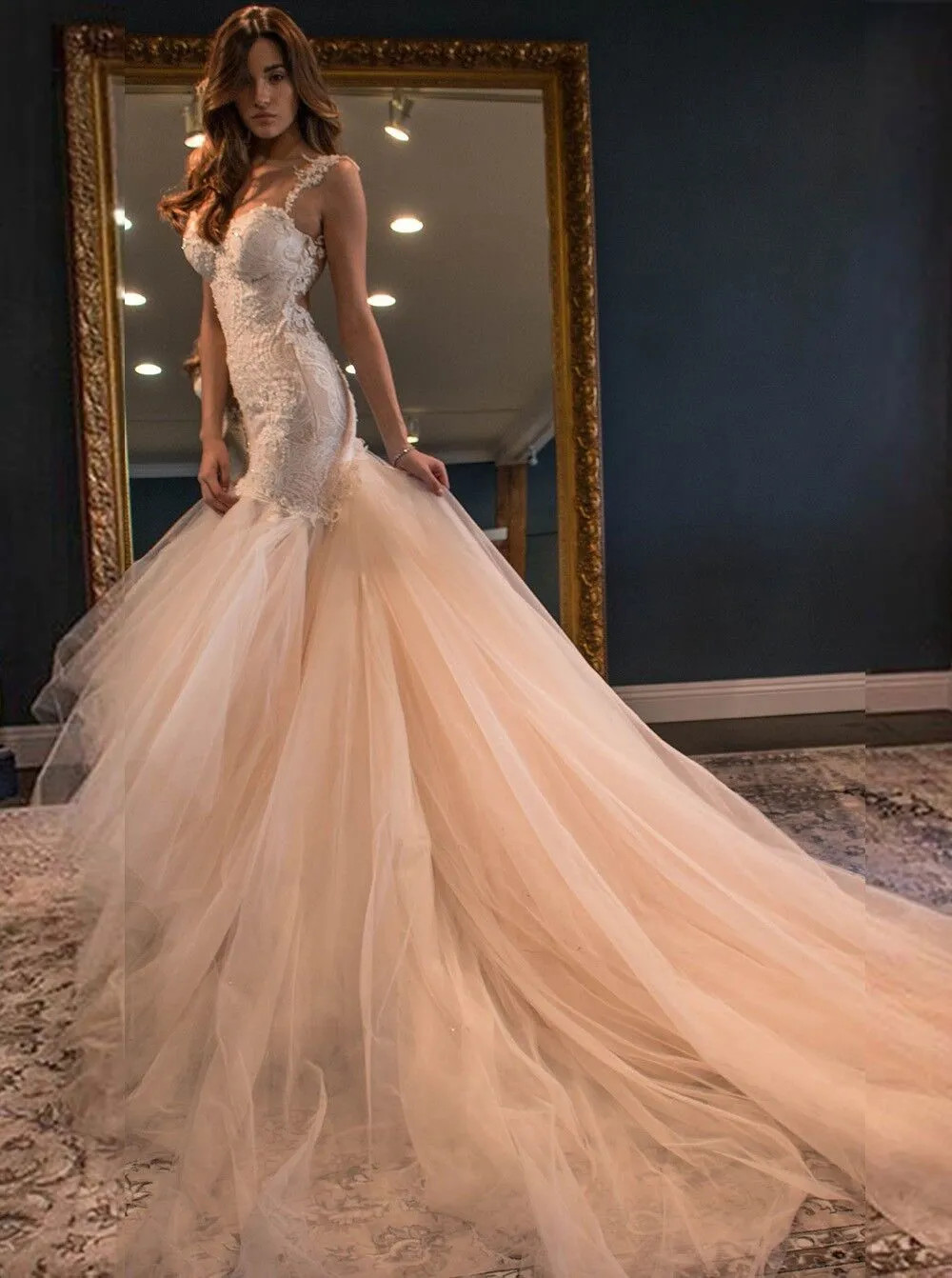 Vintage Blush Pink Mermaid Wedding Dresses Princess Backless Lace Tulle Boho