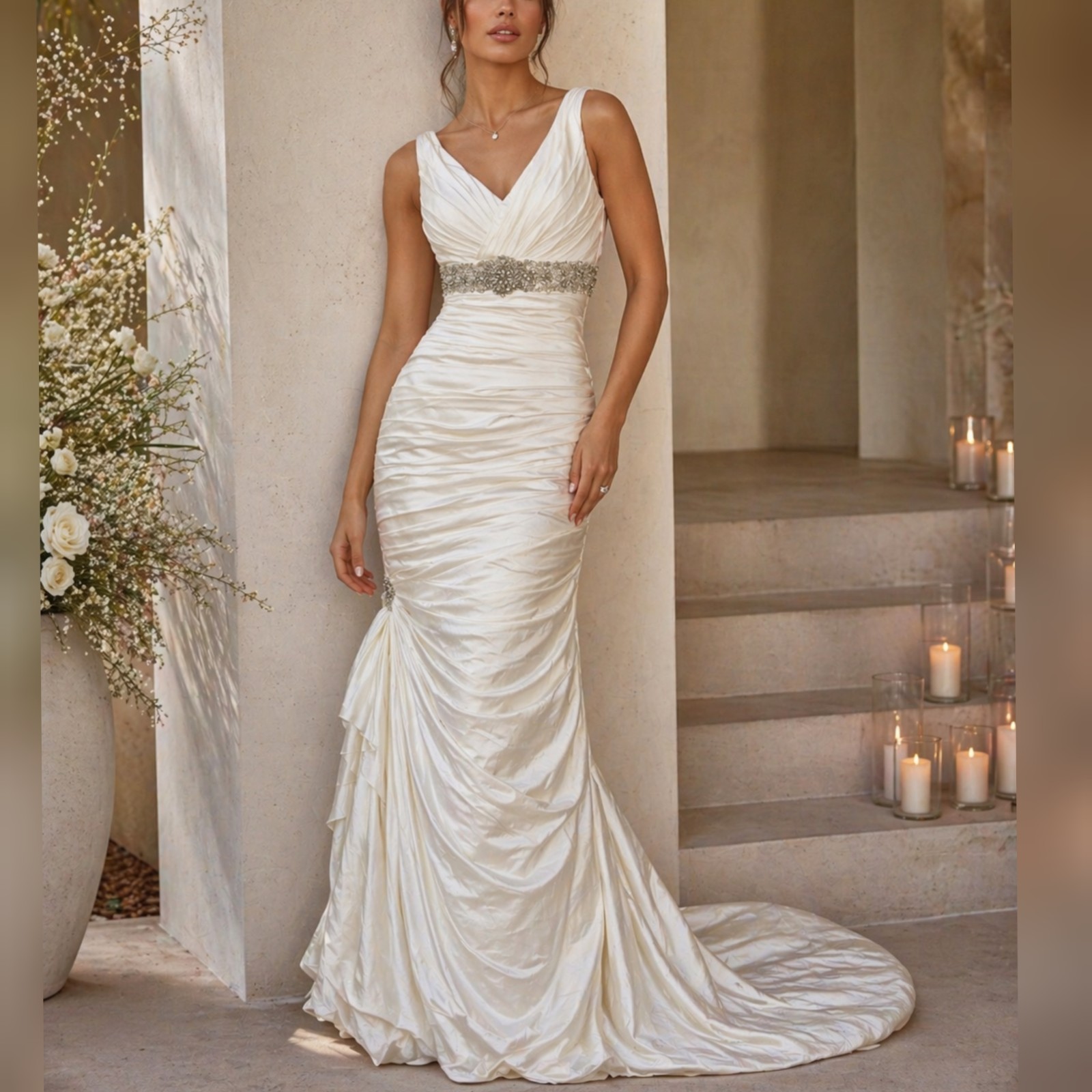 Madison Collection 5519 Ivory Satin V Neck Crystal Beaded Wedding dress sz 8