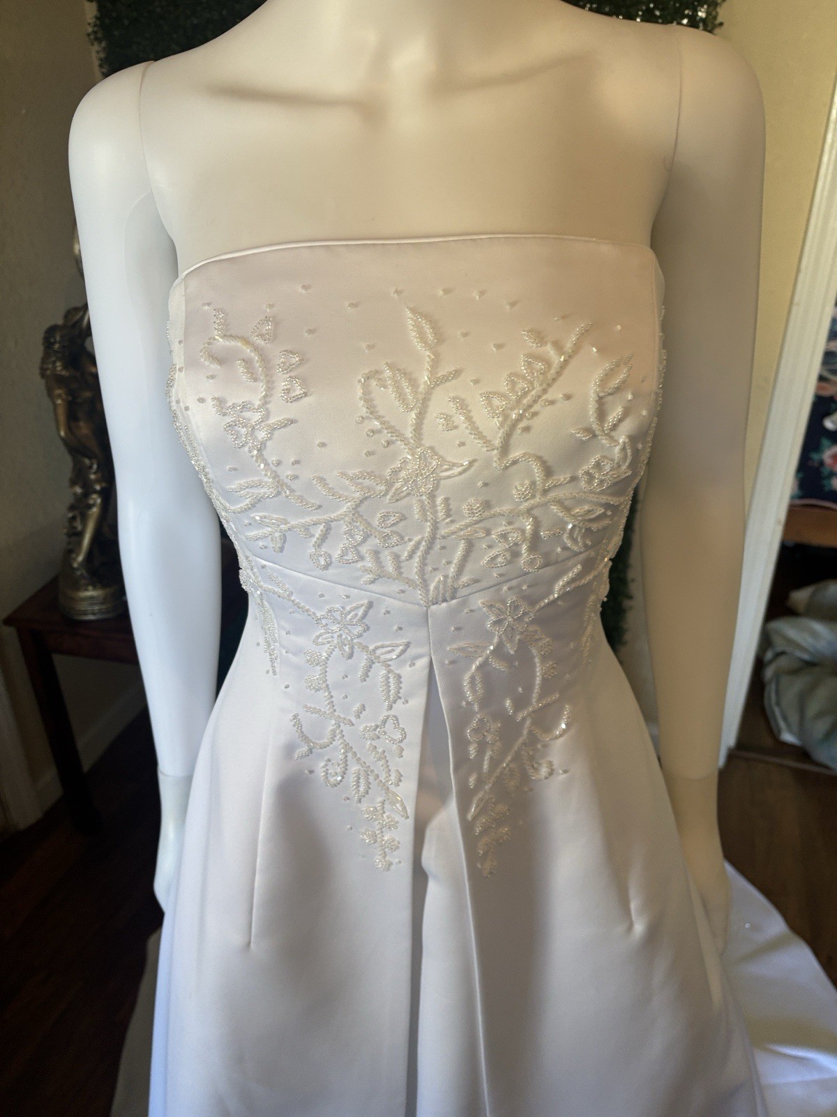 Strapless White Embroidered Beaded A-Line Wedding Dress with Train & Buttons
