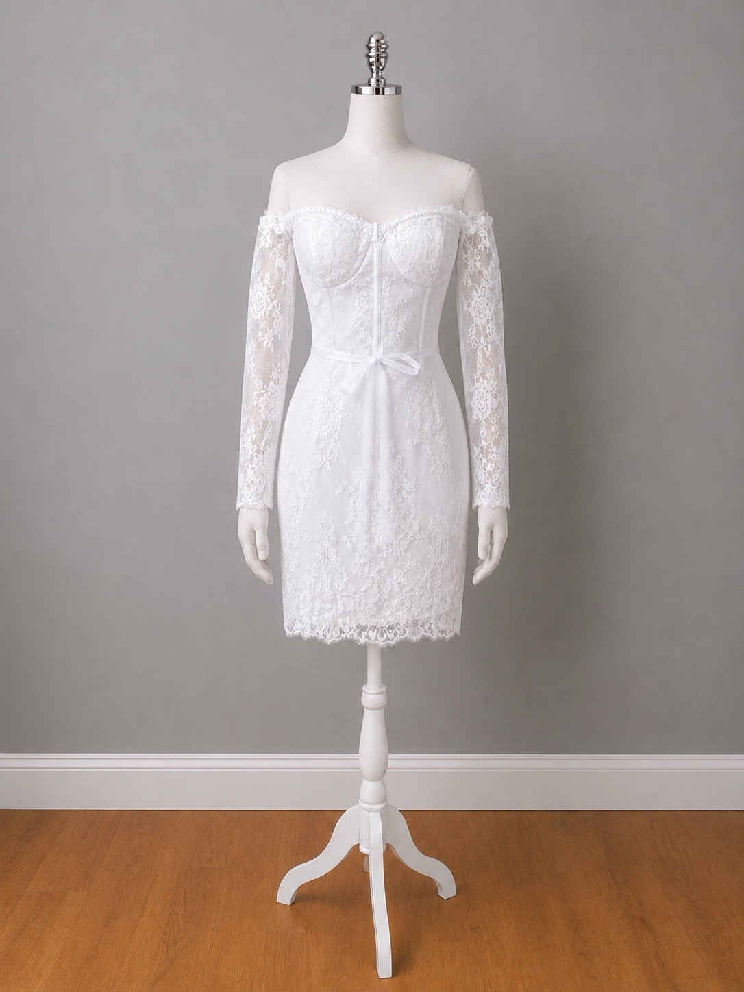 #20-11 White lace satin corset boning off the shoulder mini dress. Size:Small/6
