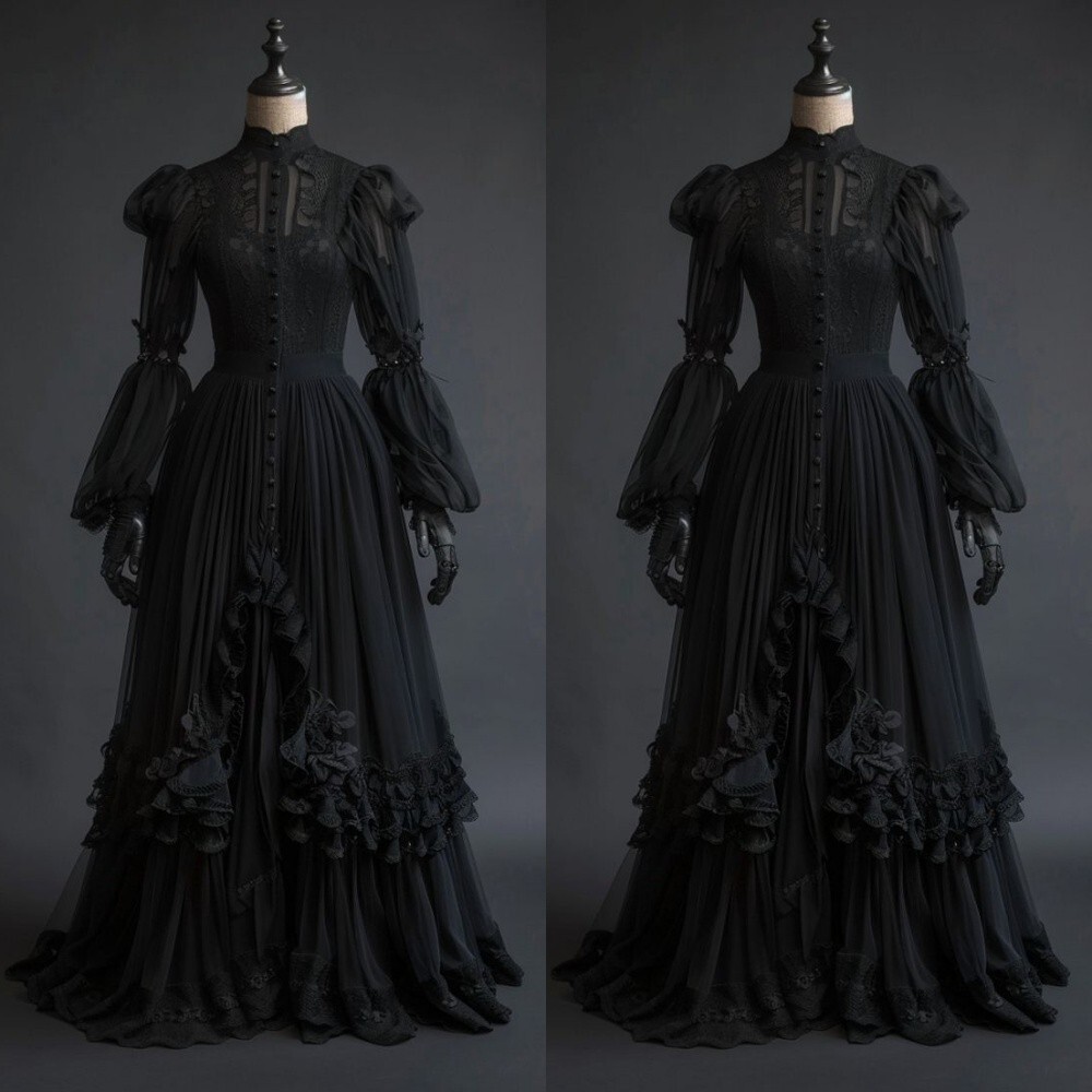 Black Vintage Wedding Dresses High Neck Gothic Puff Sleeves Lace Bridal Gowns