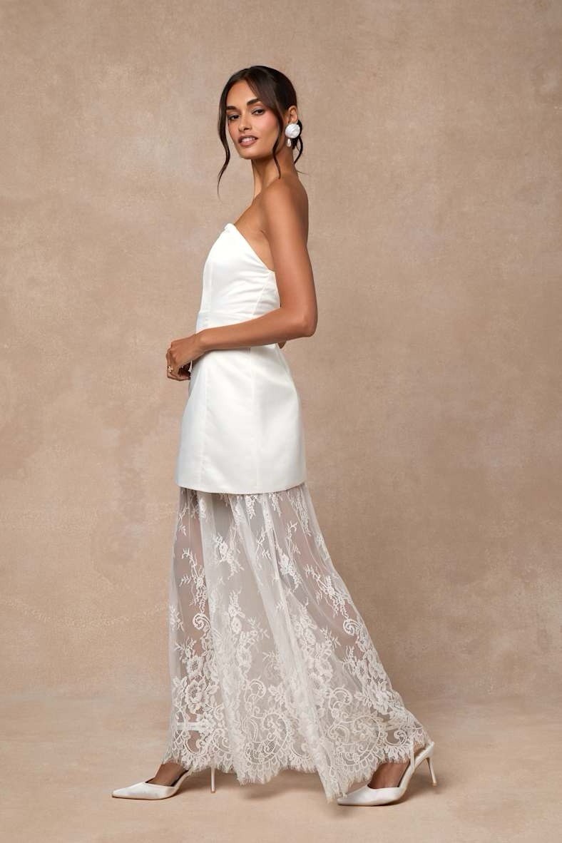 Lulus Winslet Maxi Dress Sz Large White Satin Bridal Sheer Lace Boho Wedding