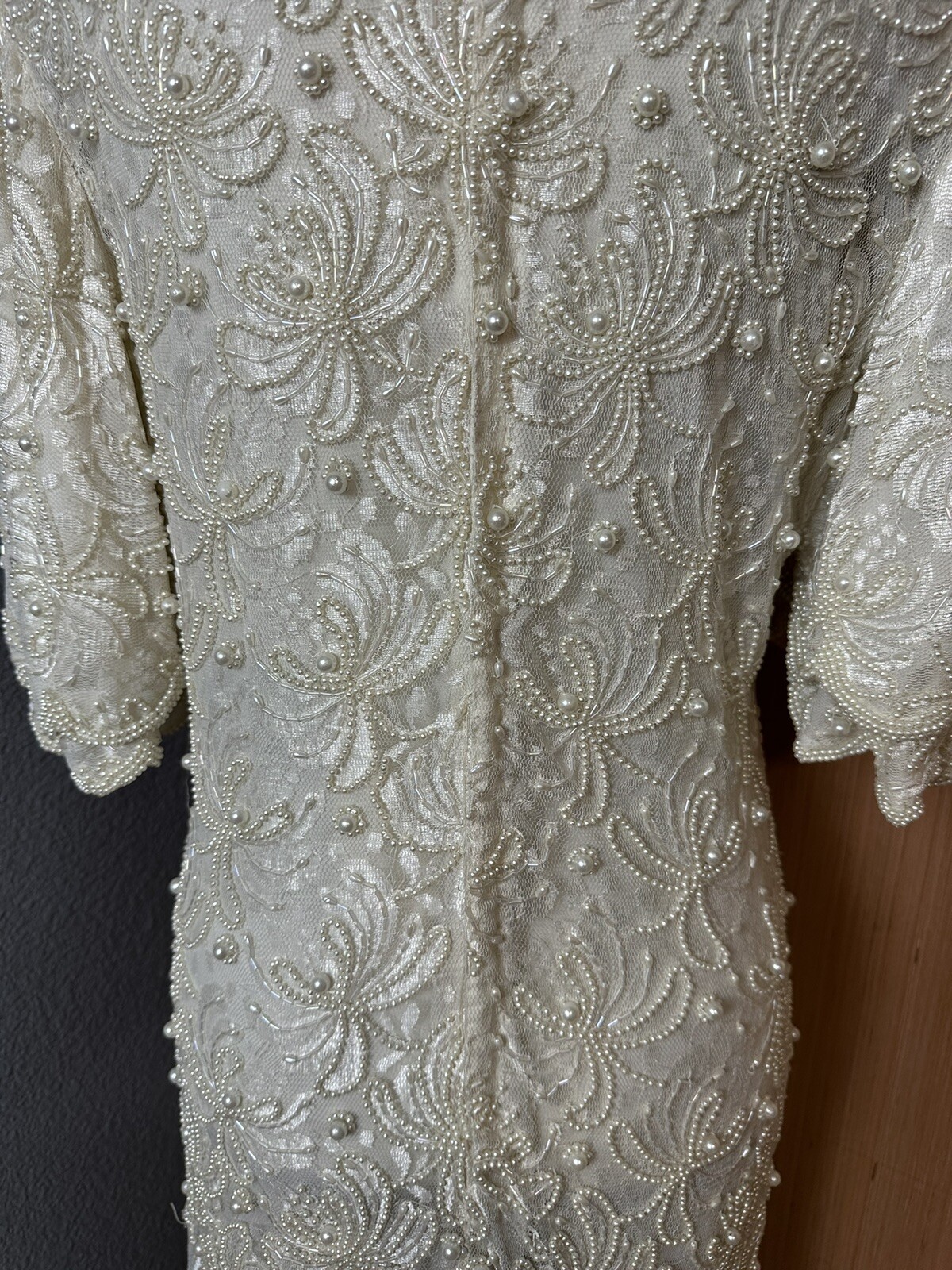 Laurence Kazar 80’s White Lace Heavily Beaded Pearl Wedding Dress, Size Medium