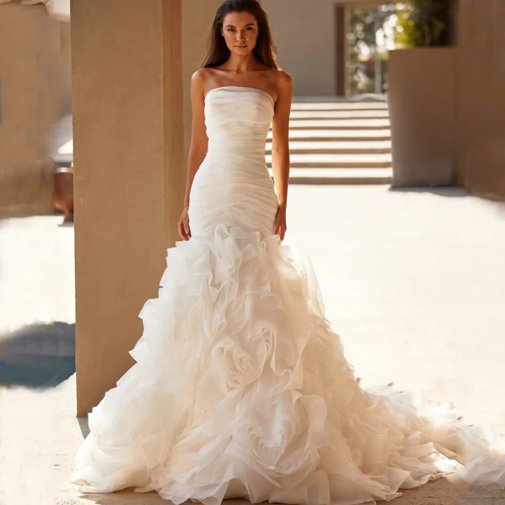Strapless Mermaid Wedding Dresses Backless Pleats Ruffle Sweep Train Bridal Gown