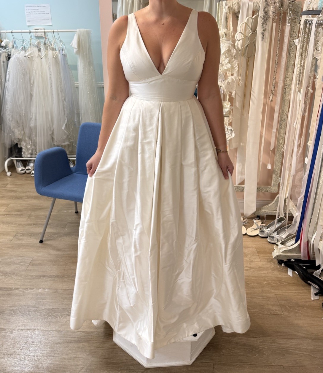 Astrid and Mercedes Ivory Satin Ball Gown V-Neck Sleeveless Buttons Train 12