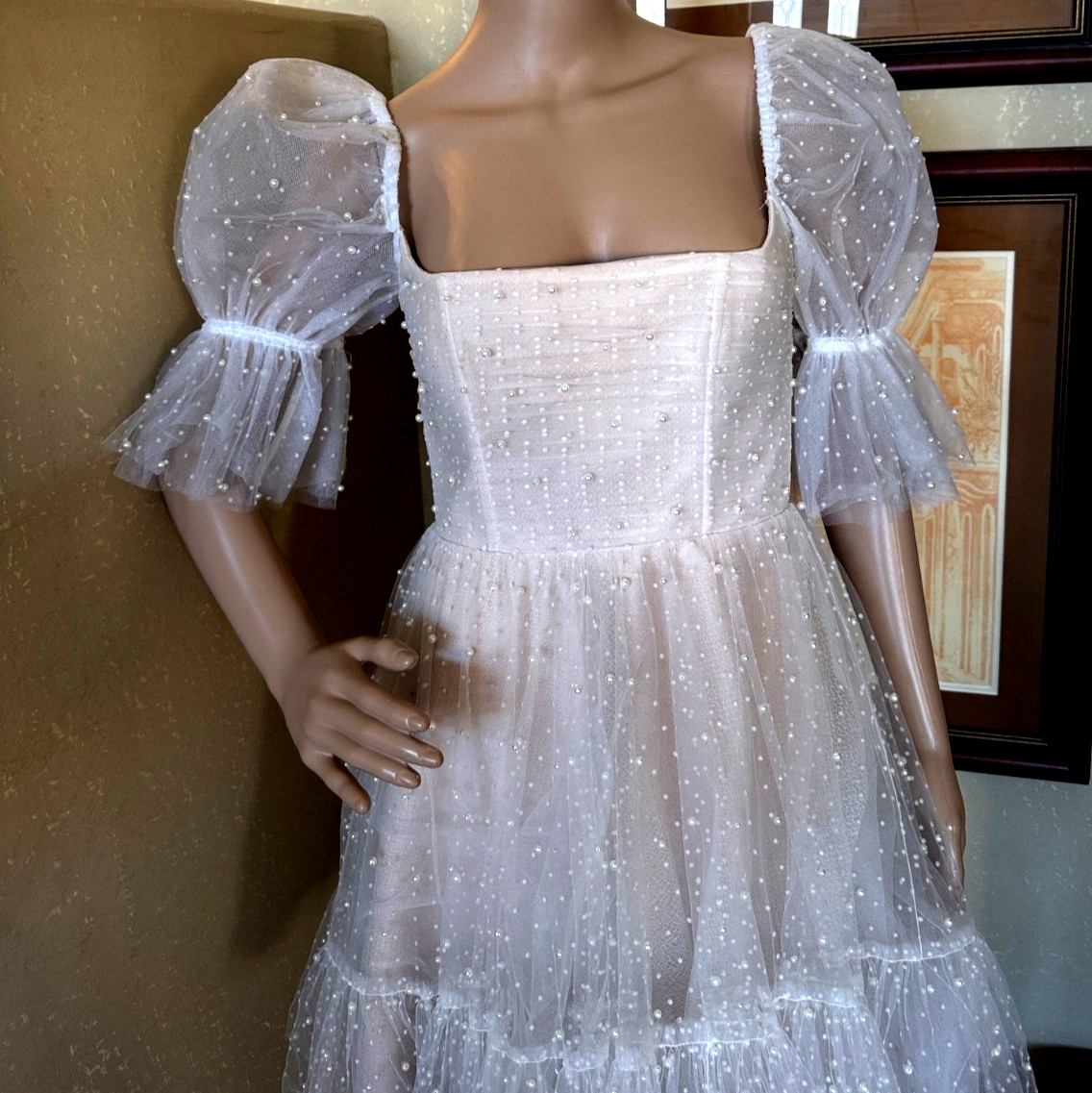 By Watters Macaron Ivory Blush Bridal Wedding Puff Sleeve Mini Dress sz 2 NWT