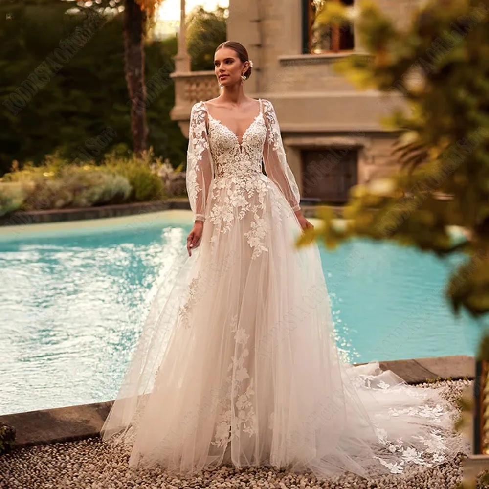 Tulle A Line Wedding Dress Lace Applique Backless Bride Gowns Sweep Train