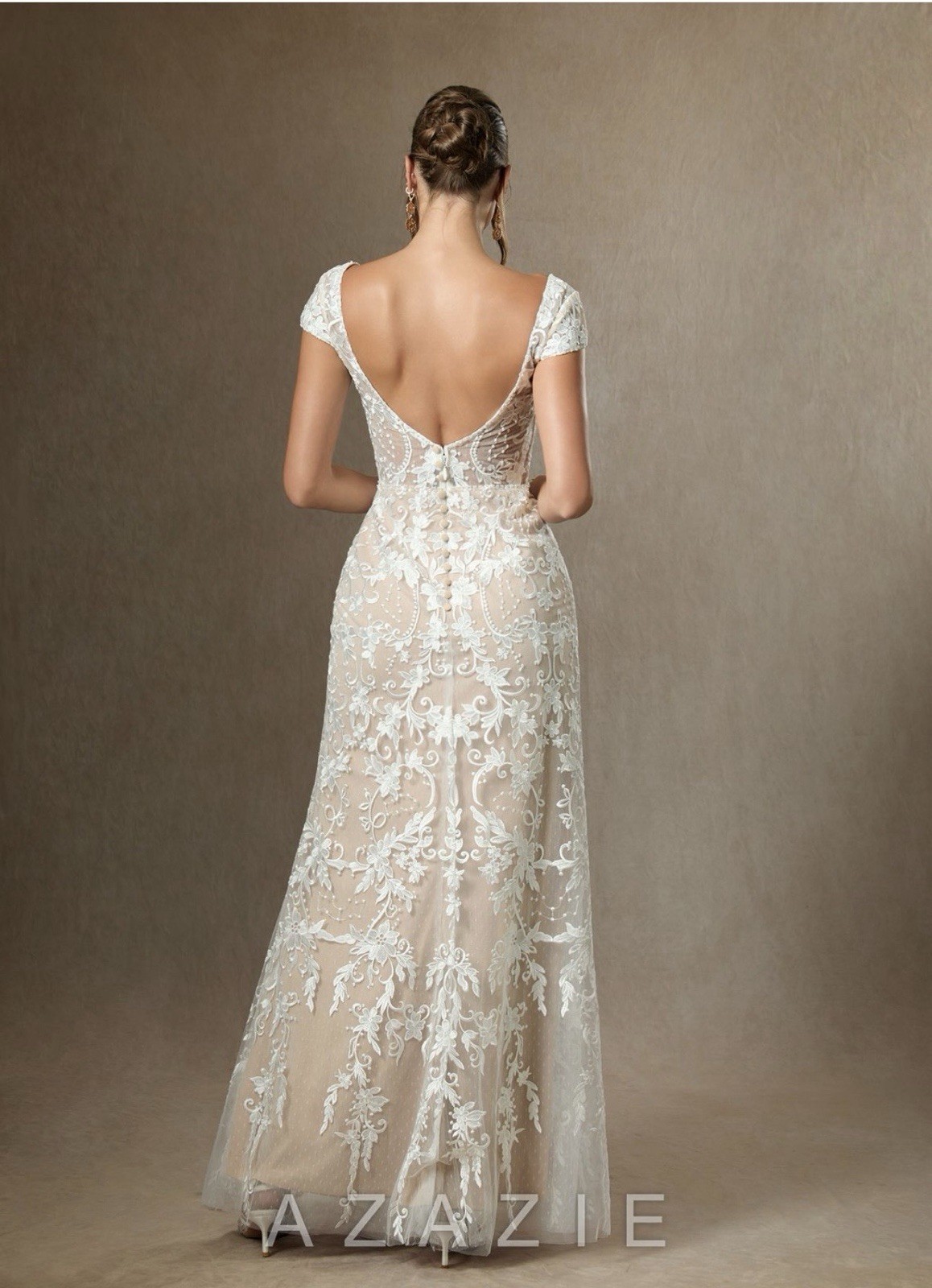 Azazie Ivory Lace Embroidered V-Neck Cap Sleeve Sheath Gown Zipper/Buttons