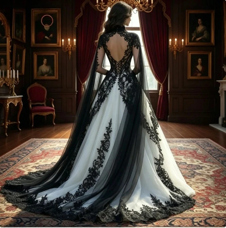 Vampire Gothic Wedding Dress Black and Burgundy White Lace Appliques A-Line