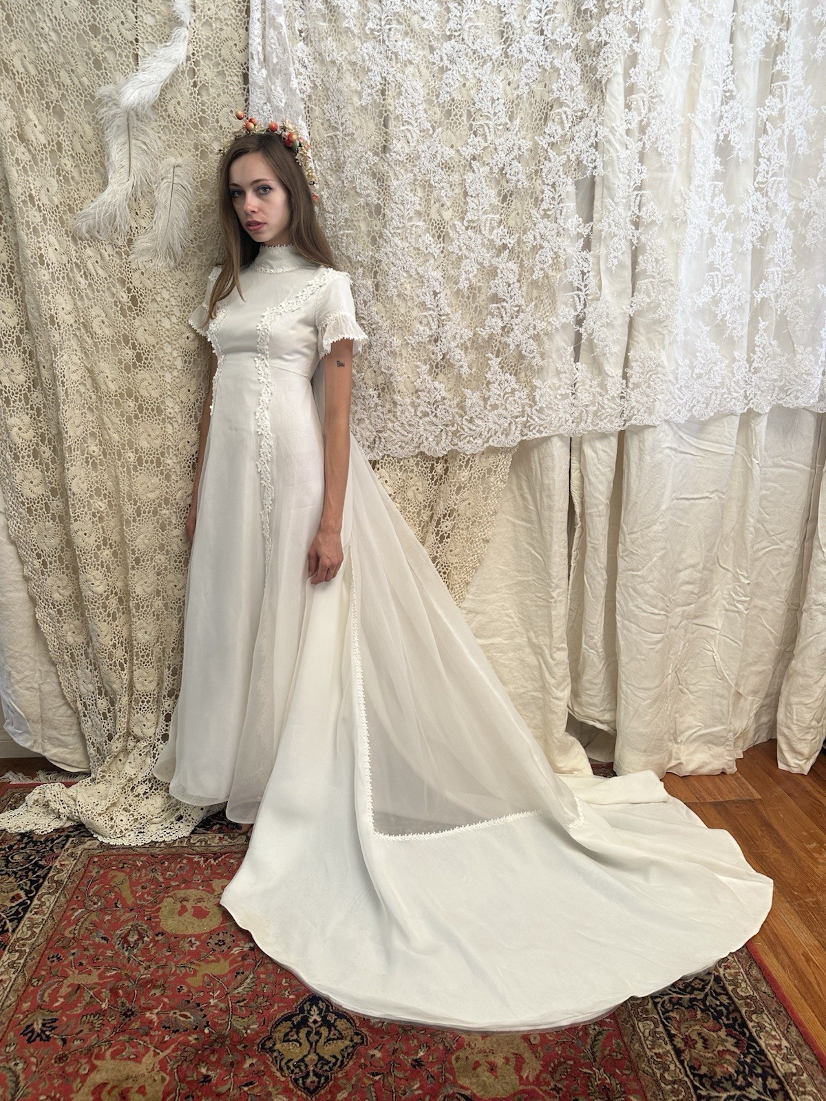 Vintage 1960s Restored White Lace High Neck Short Sleeve A-Line Wedding Dress