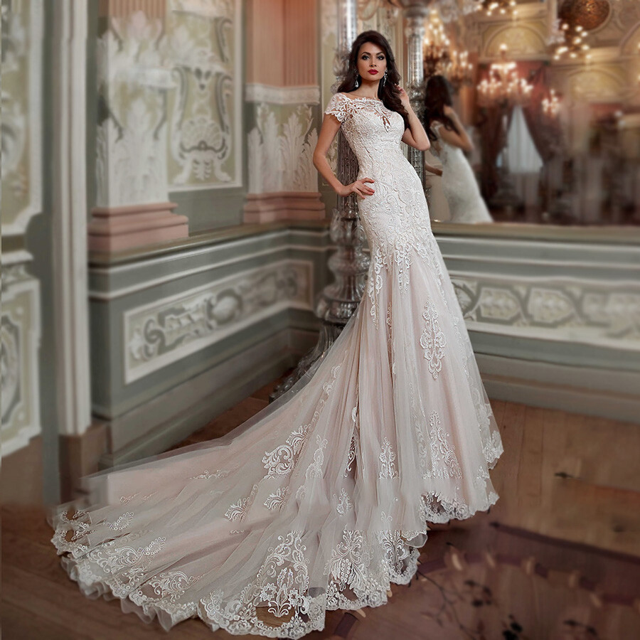 Sexy Mermaid WeddingDresses Short Sleeve Lace ​ Applique ​BridalGown Custom Size