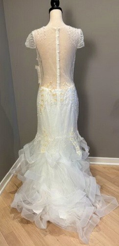 Off White Beaded Sequin Pearl Illusion Tulle Ruffle Wedding Gown Size 14 $499