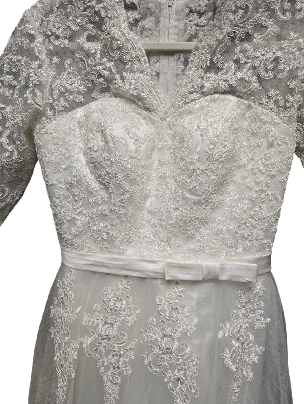 Abaowedding V Neck Lace Tea Length Wedding Dress with Quarter Sleeve Sz.10