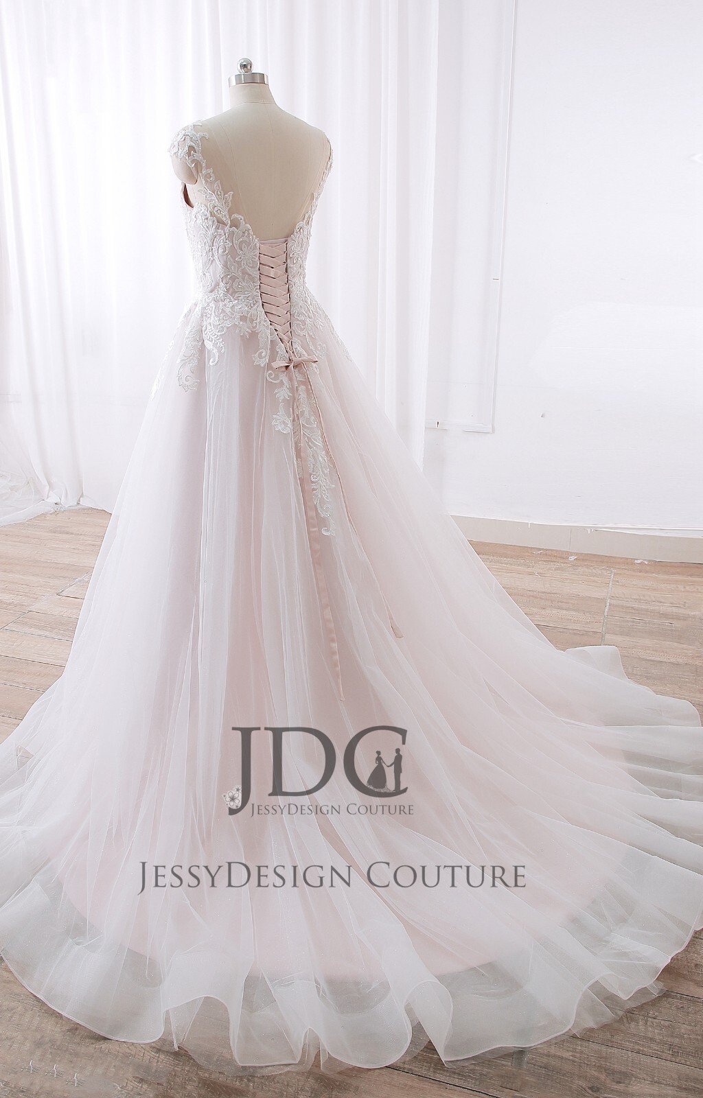 Glitter Blush Rose Beaded Lace Wedding Dress Bridal Gown Custom made Corset