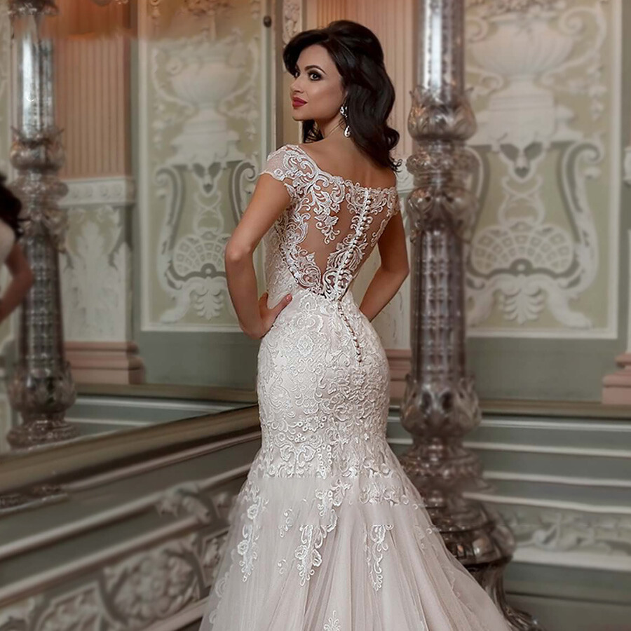 Sexy Mermaid WeddingDresses Short Sleeve Lace ​ Applique ​BridalGown Custom Size