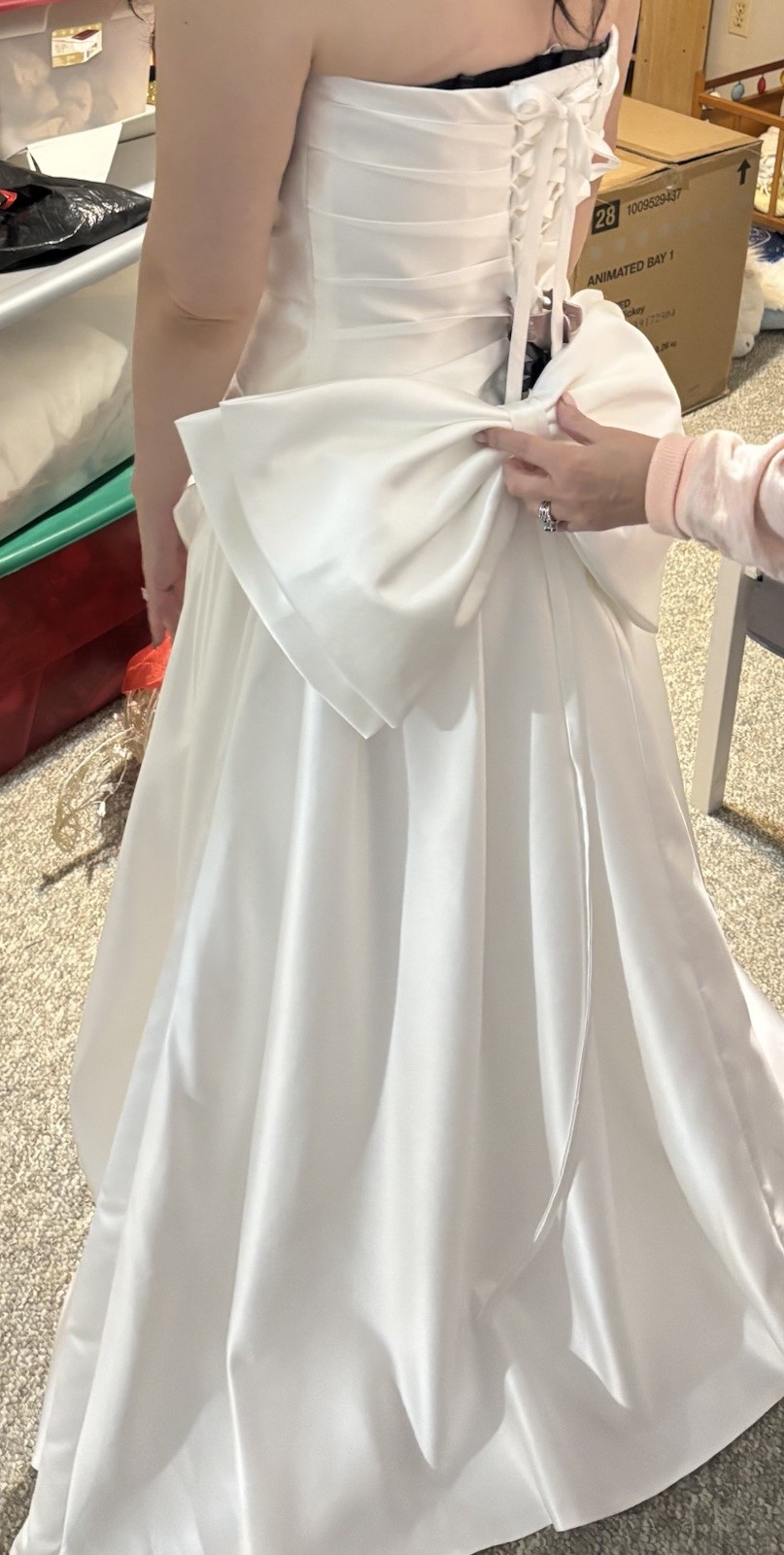 White Strapless Satin A-Line Wedding Dress, Corset Back, Ruching, Full Length