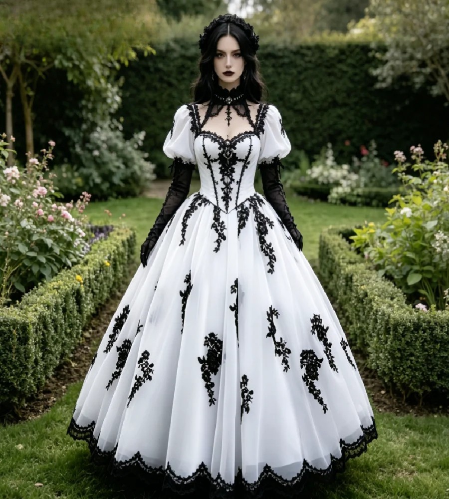 Vampire White Black Gothic Wedding Dress Puff Sleeve Lace Halloween Floor Length