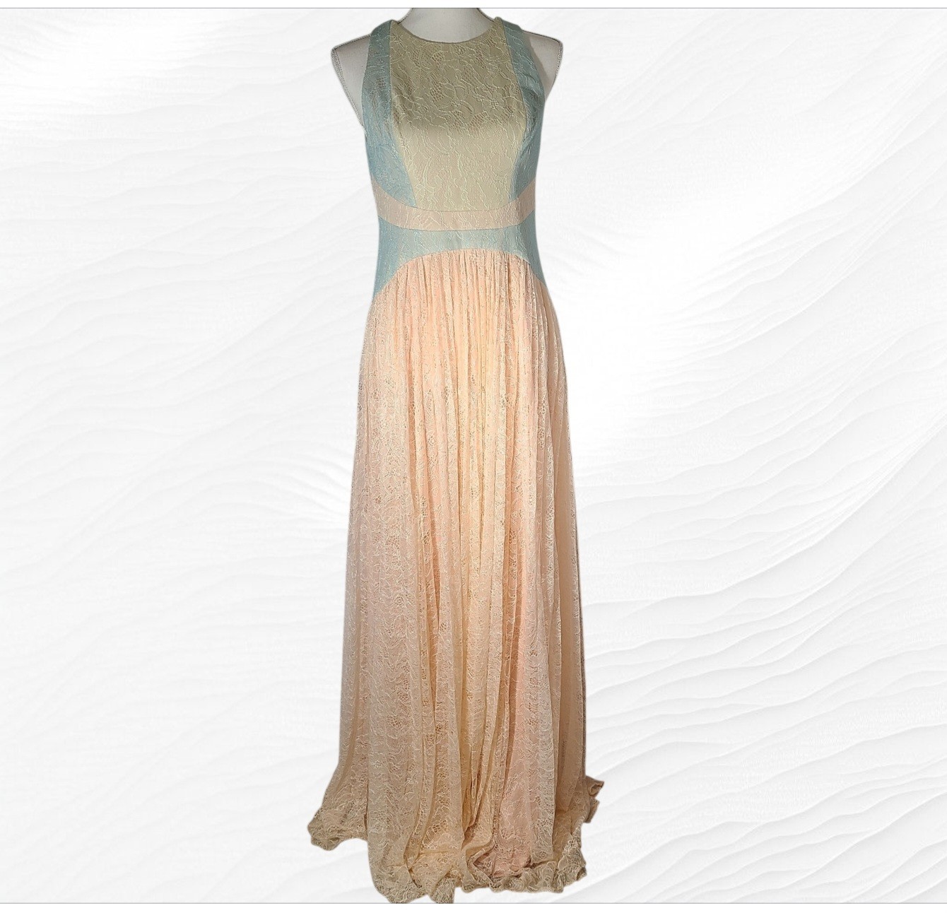 Adrianna Papell Halter Neck Sleeveless Ruched Lace Dress Apricot Multi Size 10