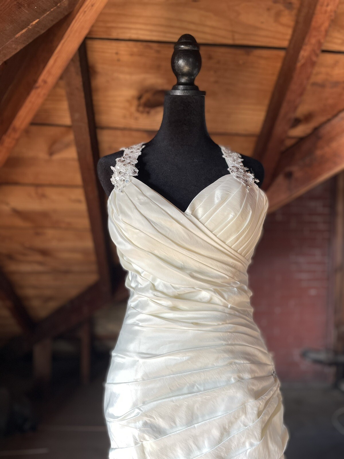 Off White or champaine color roush dress with lace straps and t shape back