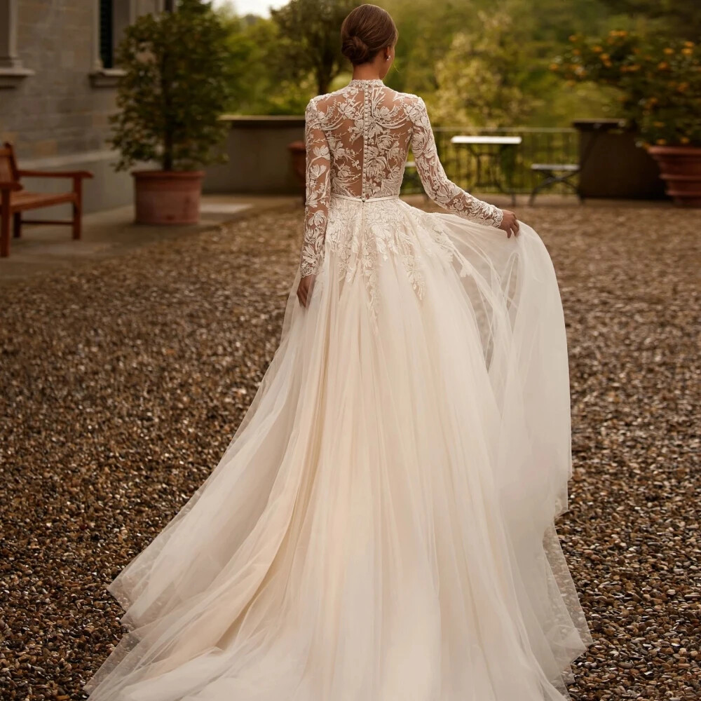 High Neck Long Sleeve Lace Wedding Dresses A-Line Tulle Bridal Gown With Train