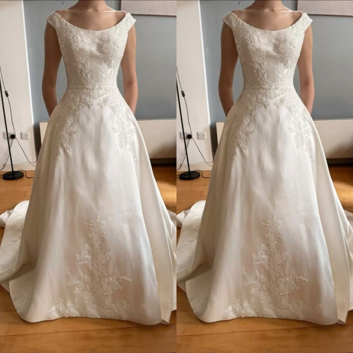 Satin Wedding Dresses Victorian Lace Ivory Off Shoulder A Line Bridal Ball Gowns