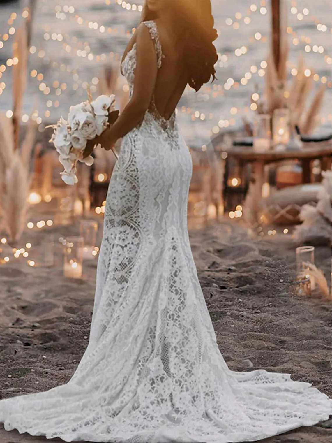 Backless Bohemian Wedding Mermaid Applique V-Neck Sleeveless Lace Bridal Gown