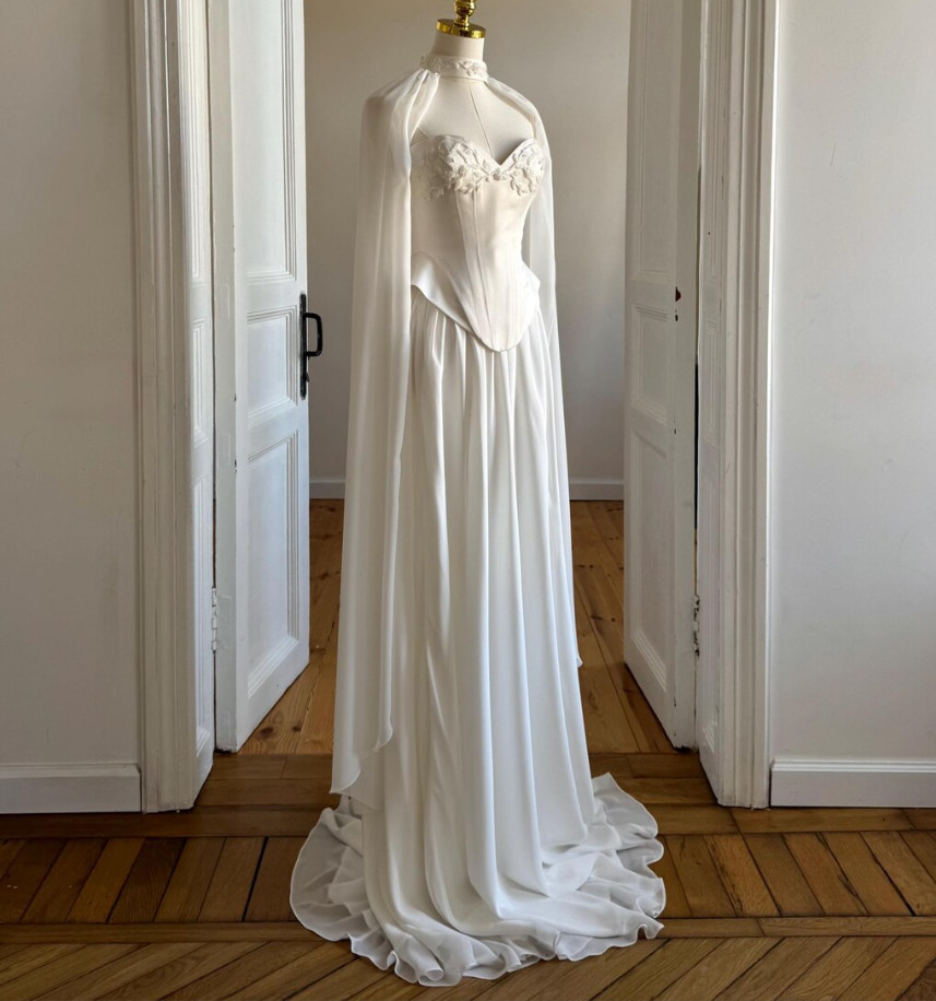 Boho Simple Chiffon Wedding Dresses with Cape Sleeveless A Line Bridal Gowns