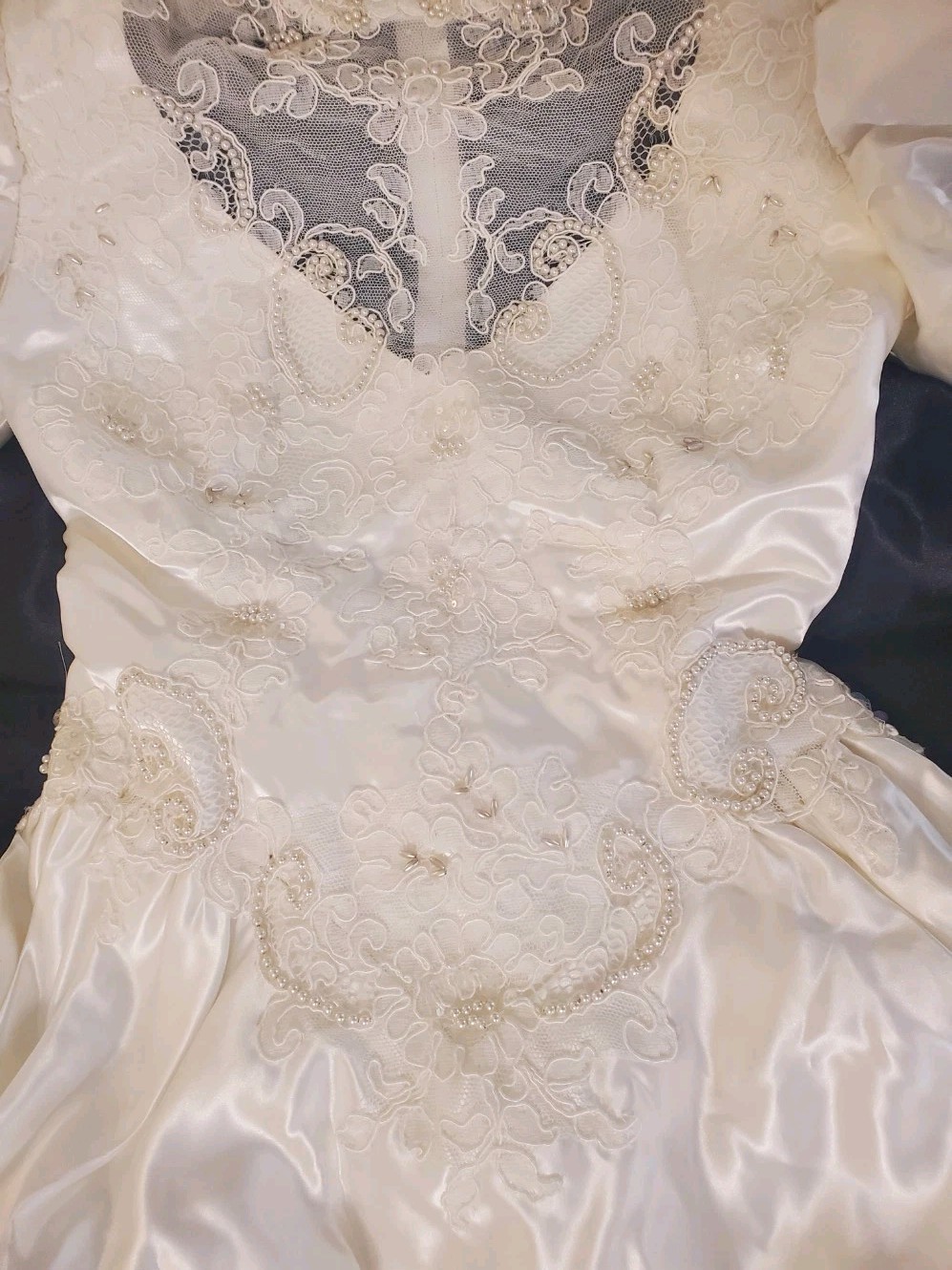 Vintage 80s Wedding Dress Sz Medium (12P?) Acetate Satin Long Sleeve High Neck