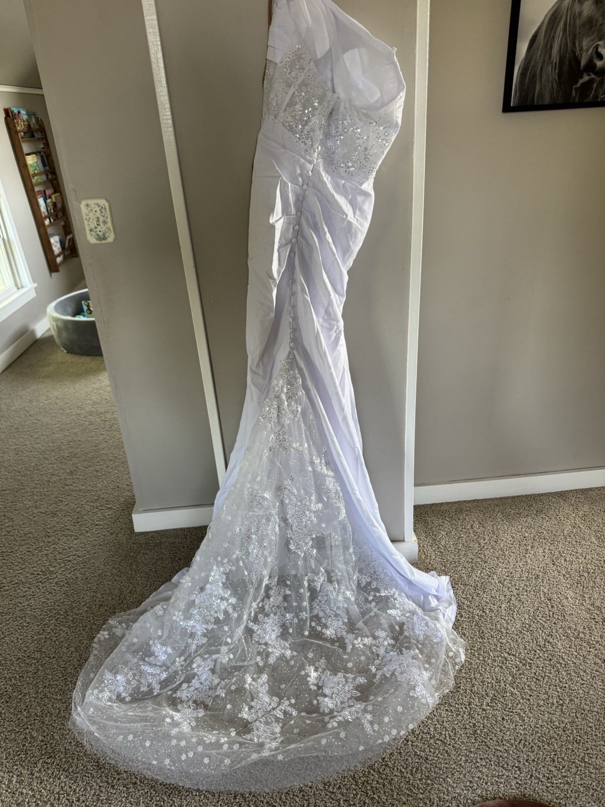 White Strapless Mermaid Wedding Dress w/ Lace Beading Sequins Train Buttons