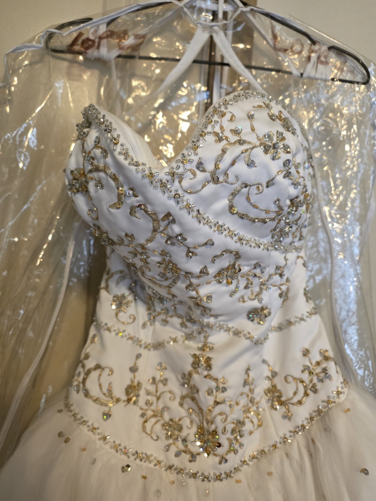Mary’s Bridals White Gold Beaded Strapless Ball Gown Wedding Dress Size 6