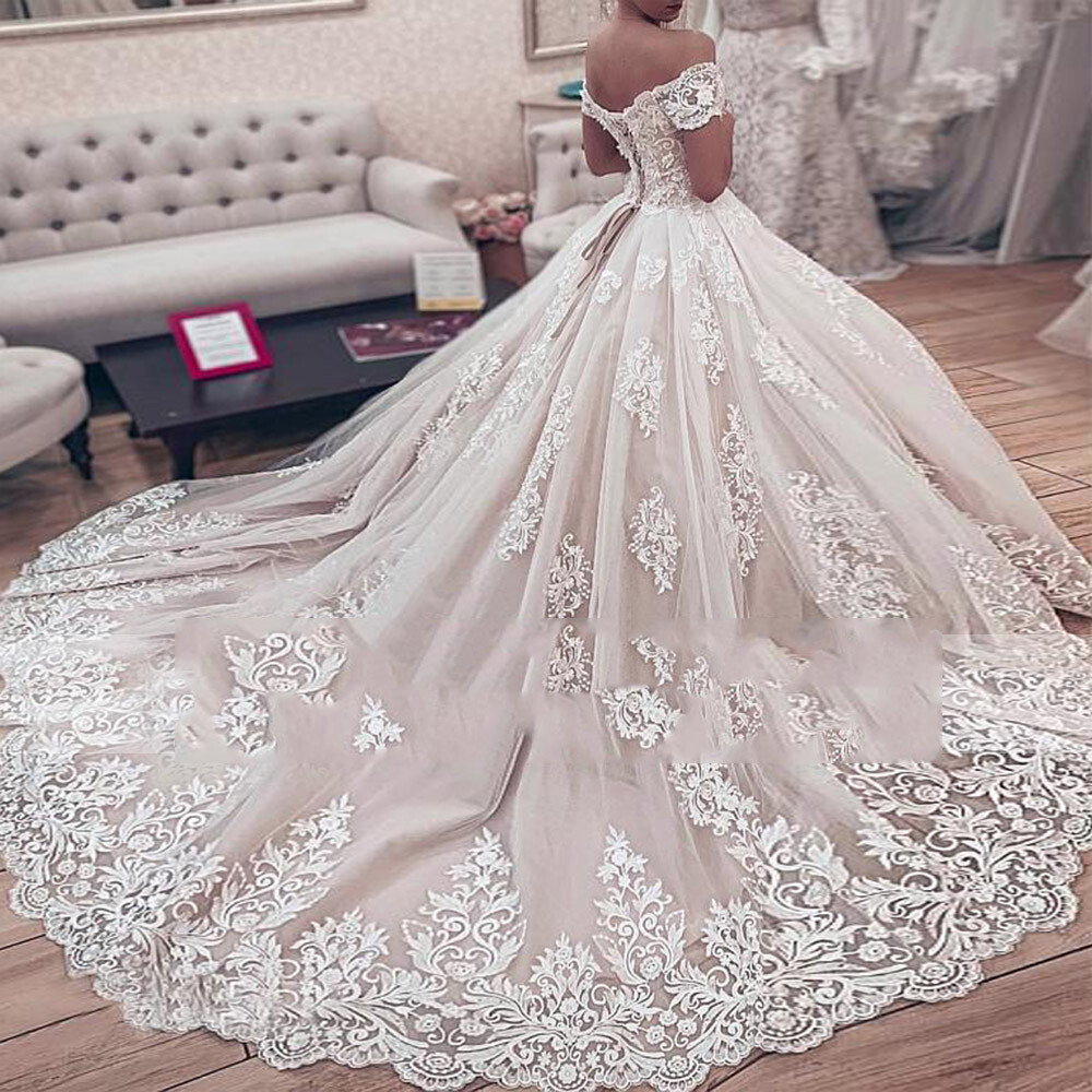 Elegant Wedding Dresses Off the Shoulder Lace Appliques Sweep Train Bridal Gowns