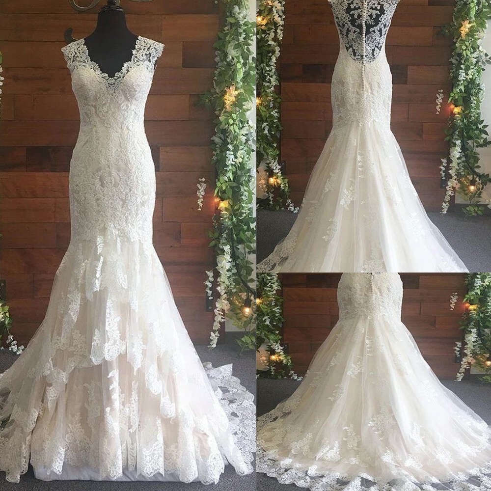 Boho Ruffles Mermaid Wedding Dresses V Neck Lace Appliques Bridal Gown Plus Size