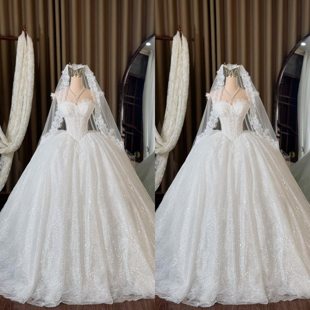 Exquisite Wedding Dresses Strapless A Line Glitter Lace Tulle Bridal Gowns