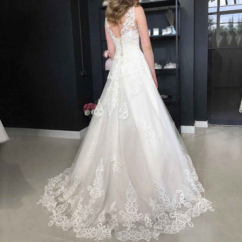White/Ivory A-line Wedding Dresses Lace Applique Bridal Gown Custom Size