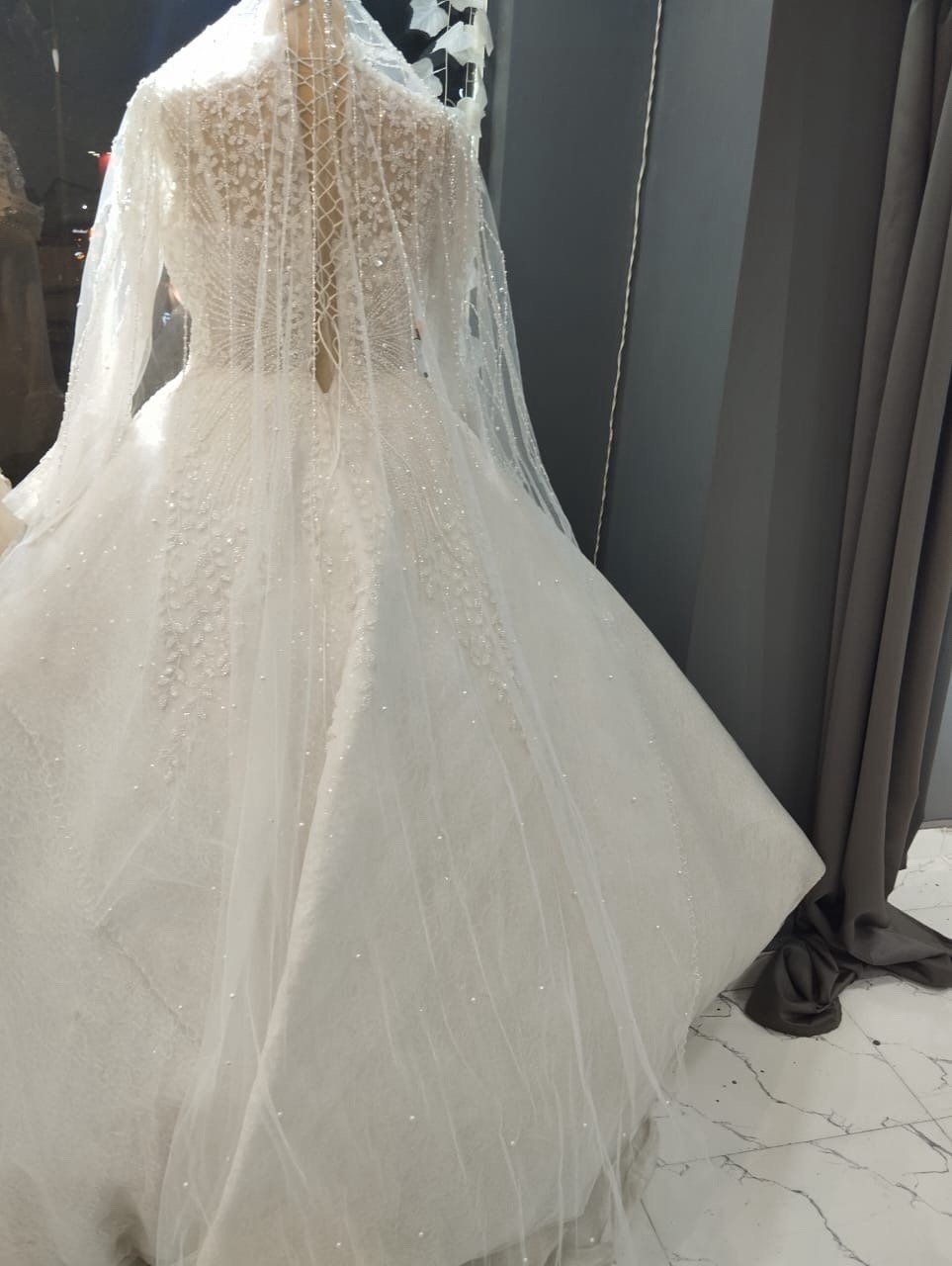 White Lace Beaded Sequin Illusion Neck Ball Gown Wedding Dress Train Corset
