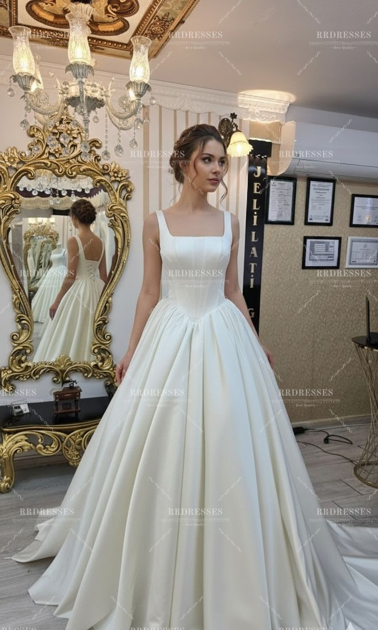 Elegant Wedding Dresses Square Neck Satin Sweep Train Simple Bridal Gowns